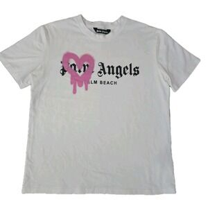 Palm Angels T Shirt Mens L White Palm Beach Heart Logo Short Sleeve Crew Neck